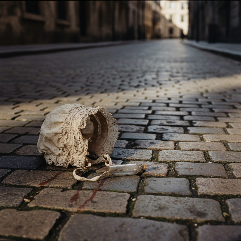 A discarded, muddy child's bonnet lying on a cobblestone street next to an empty glass vial.
