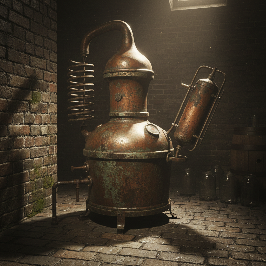 An antique copper still, tarnished and green with age, sitting in a damp brick basement.