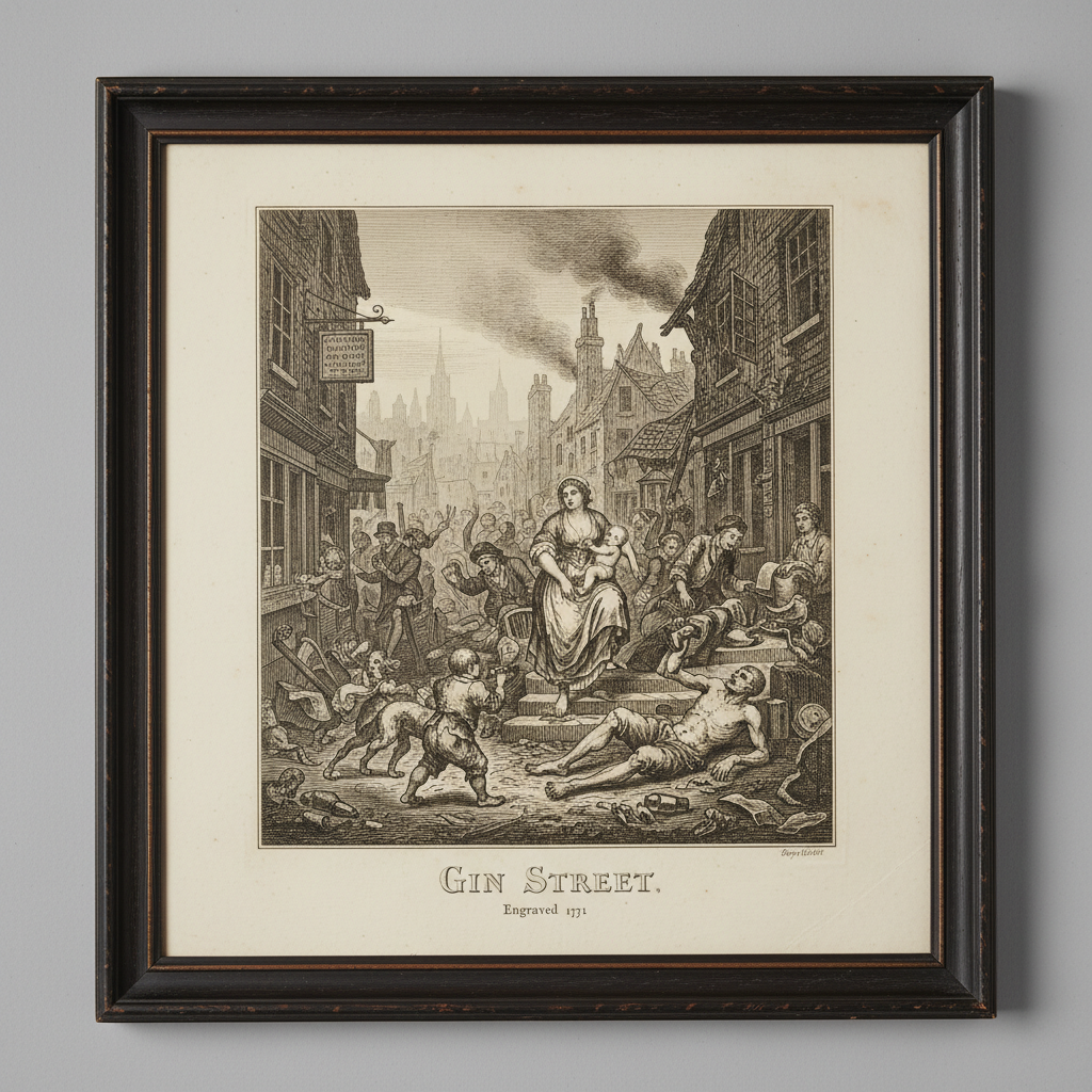 A 1751 original engraving of Hogarth's Gin Lane, showing the chaotic collapse of a neighborhood.