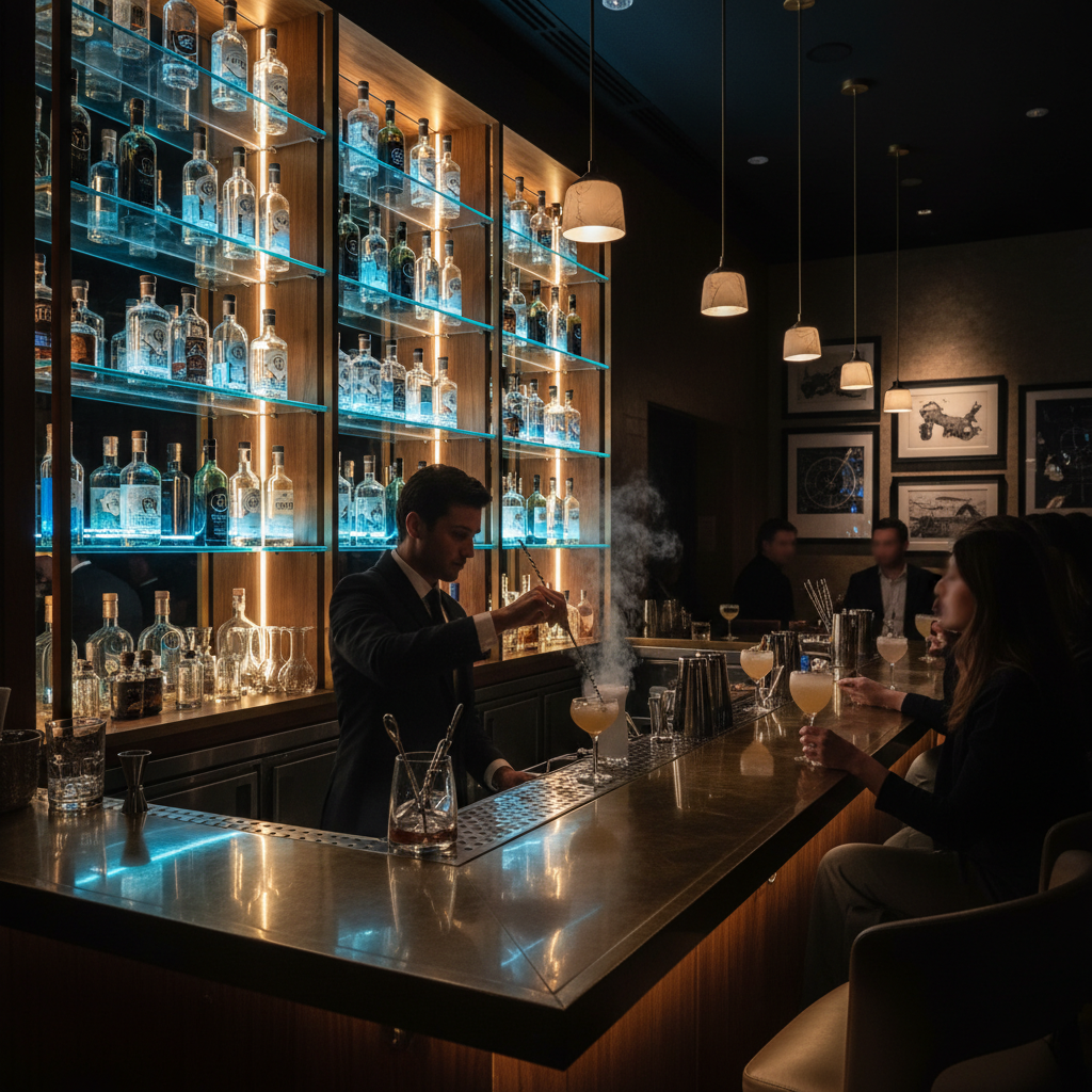 A modern, high-end cocktail bar with rows of glowing gin bottles, the light catching the etched glass.