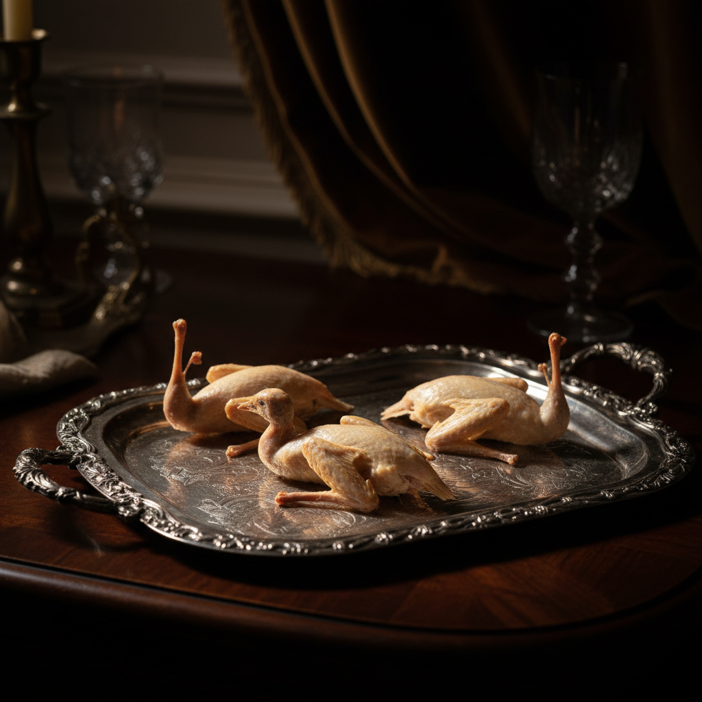 A close-up of a delicate, antique silver tray holding three small, plucked birds, their skin translucent and pale gold u