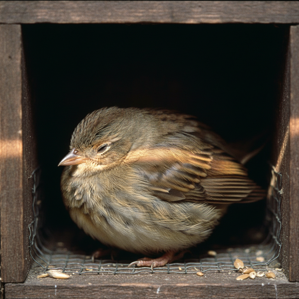A macro shot of a single Ortolan bird in a darkened enclosure, its feathers ruffled, its body unnaturally plump and roun