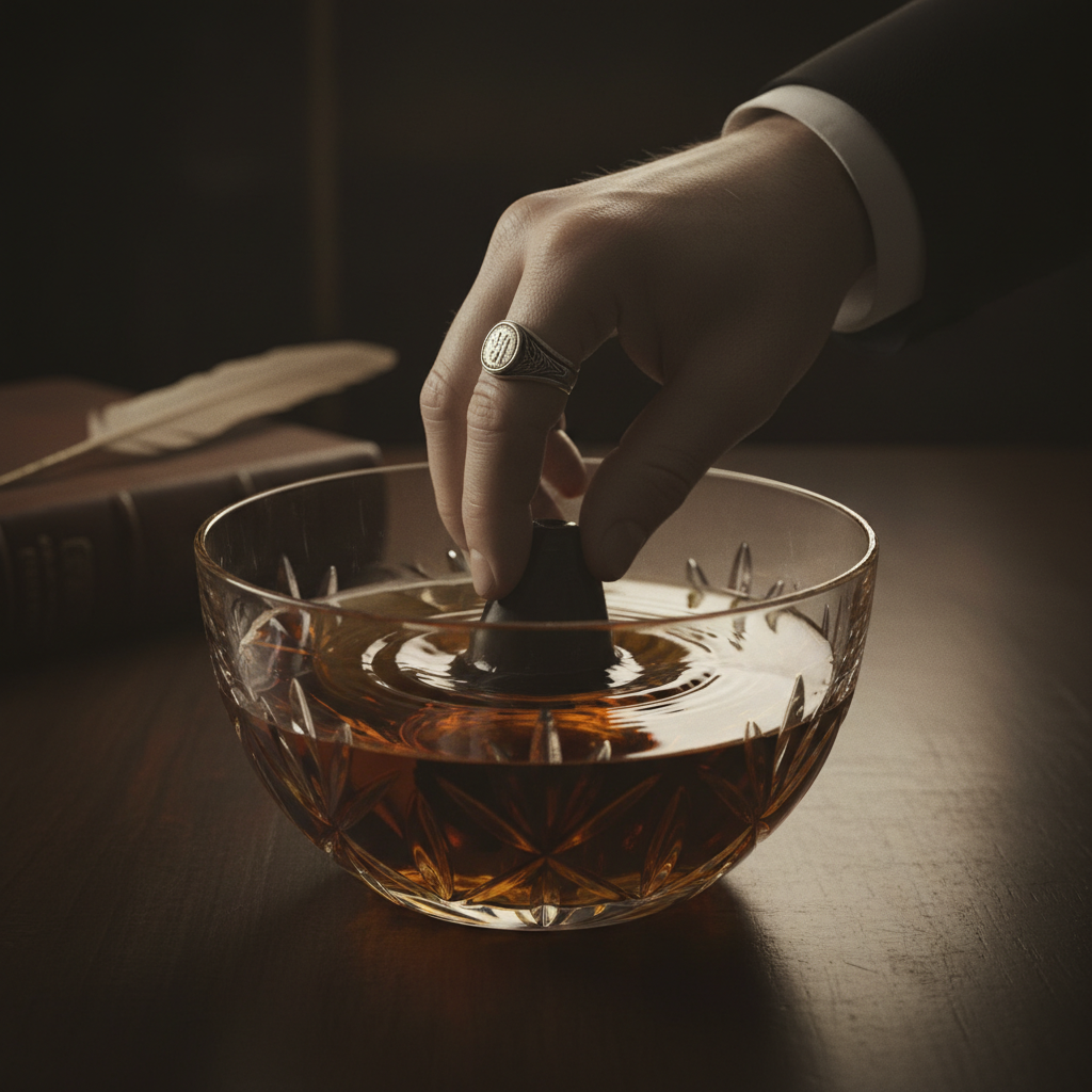 A crystal bowl filled with amber-colored Armagnac, the surface rippling slightly as a small shadow is submerged beneath 