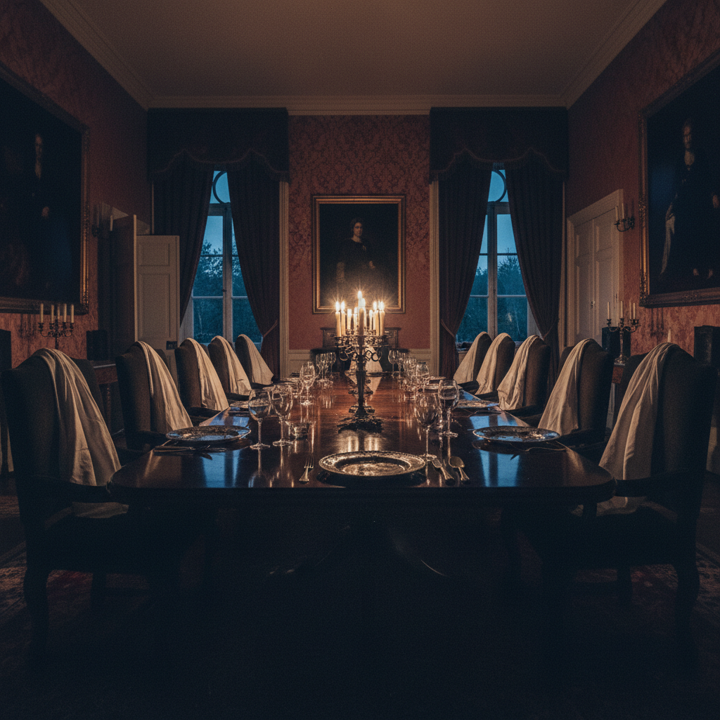 A wide shot of the dimly lit dining room, the guests now gone, leaving only the crumpled white napkins on the chairs lik