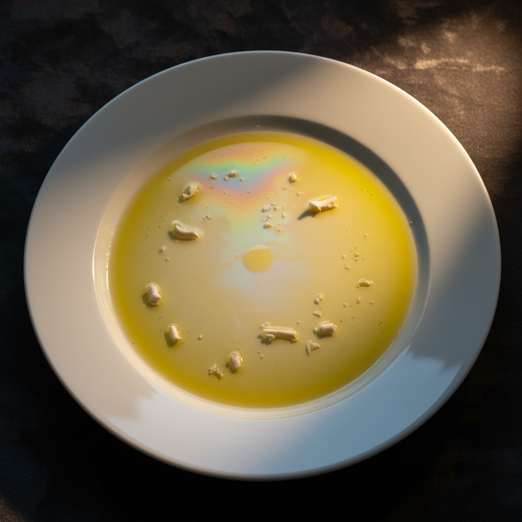 An empty white porcelain plate, smeared with a thin, iridescent film of yellow oil and a few stray, microscopic fragment