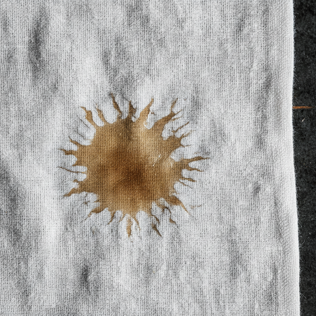 A macro shot of a white linen napkin, its heavy weave visible, with a single dark, translucent grease stain blooming slo