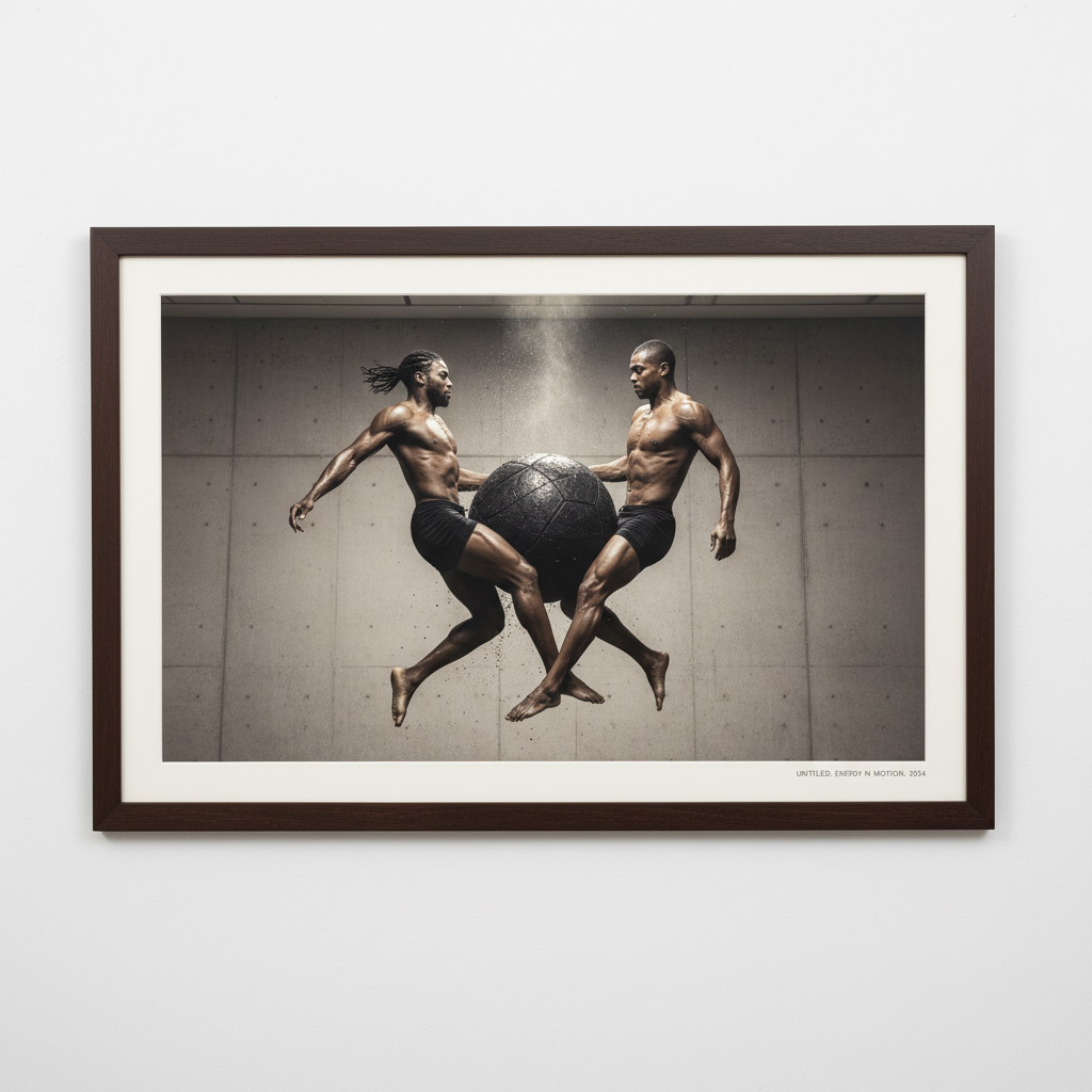 A dynamic artist’s rendering of two players in mid-air, their bodies contorted to strike a large black ball with their h