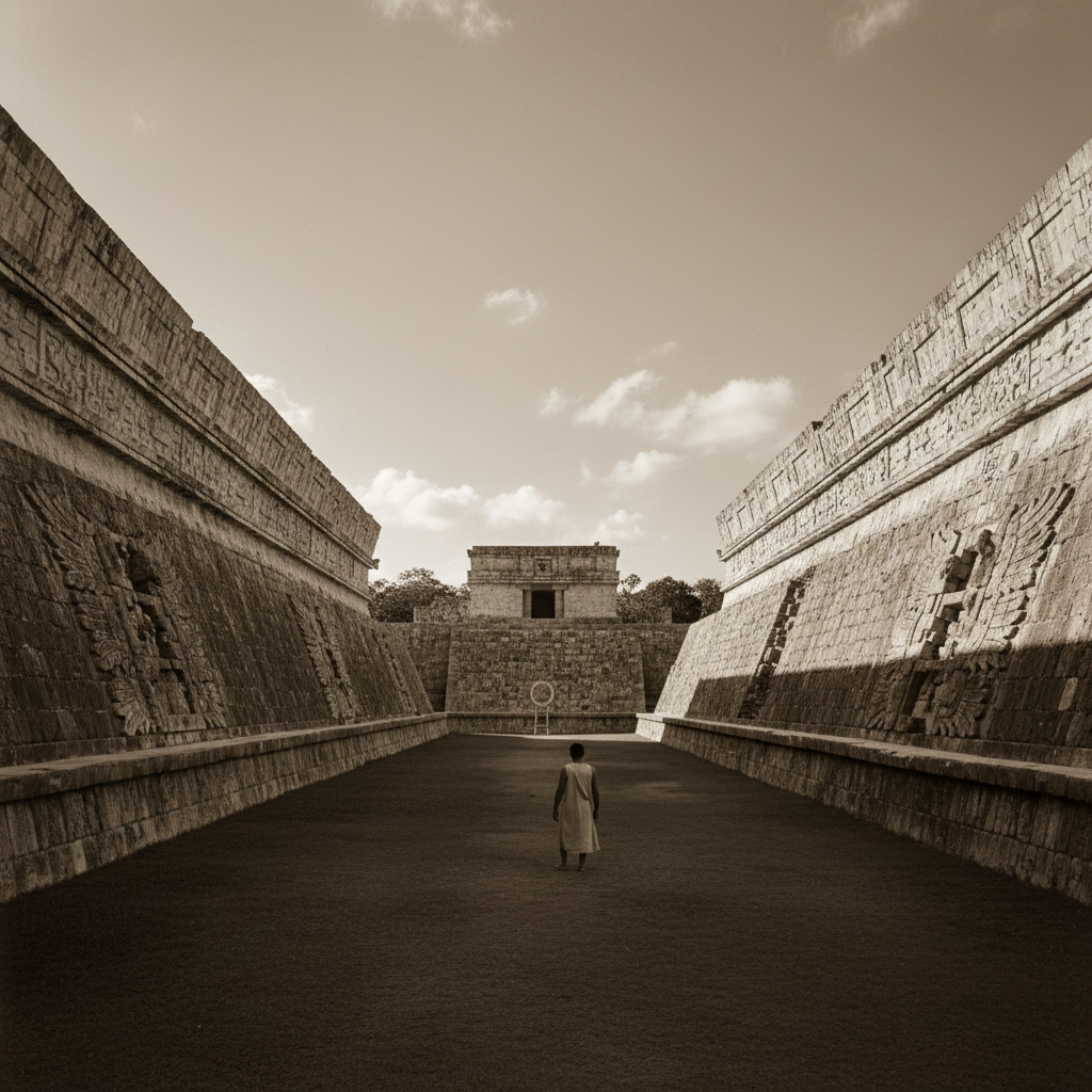 A wide-angle shot of the Great Ball Court at Chichén Itzá, the massive limestone walls towering over a narrow, grassy al