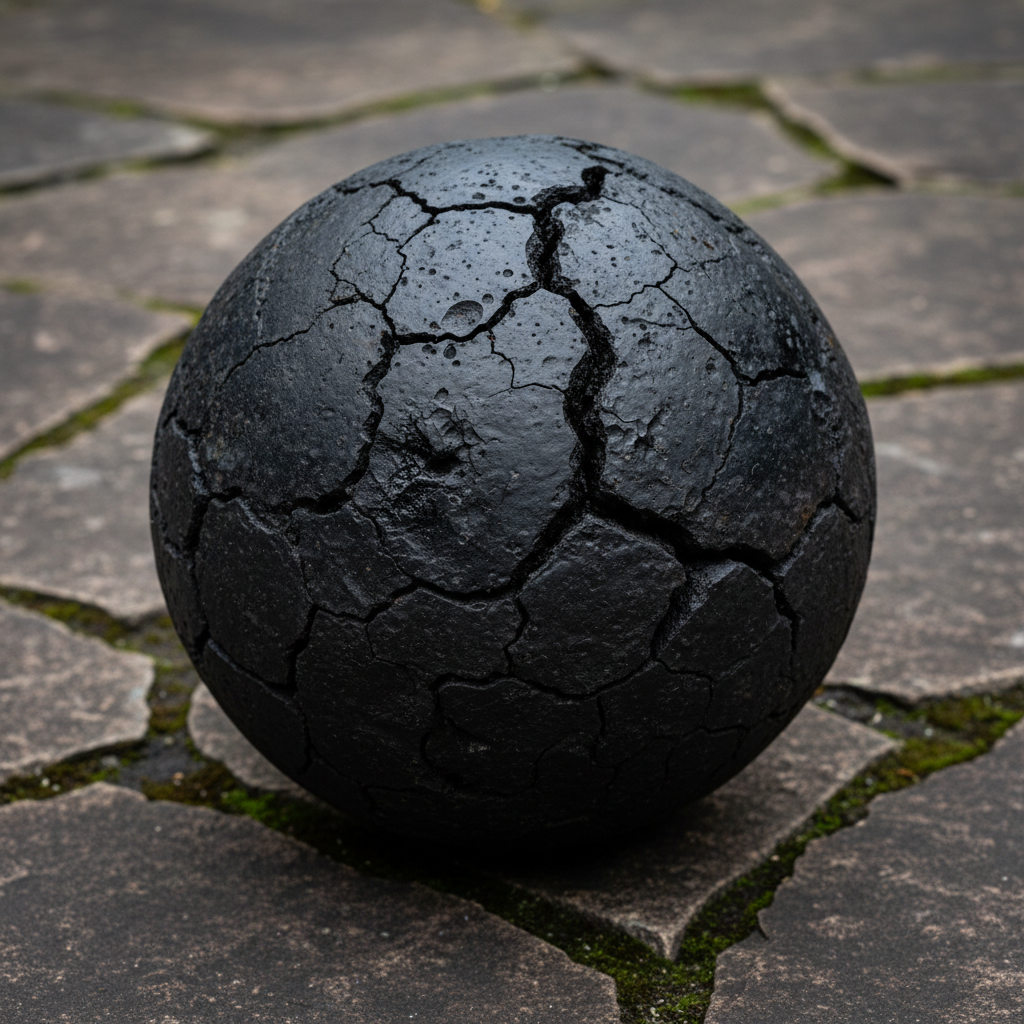 A close-up of a large, weathered rubber ball resting on a stone surface, its texture rough and organic, showing the deep