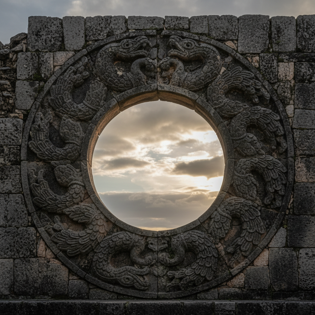 A close-up of a weathered stone ring protruding from a high wall, intricately carved with feathered serpent motifs, the 