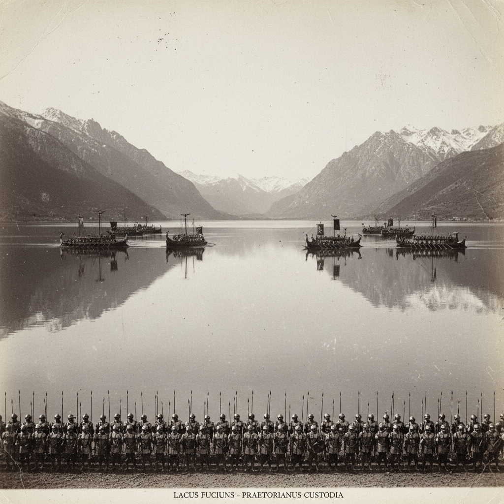 Nineteen thousand men stationed on two opposing fleets across the vast, crystalline Fucine Lake, the water reflecting th