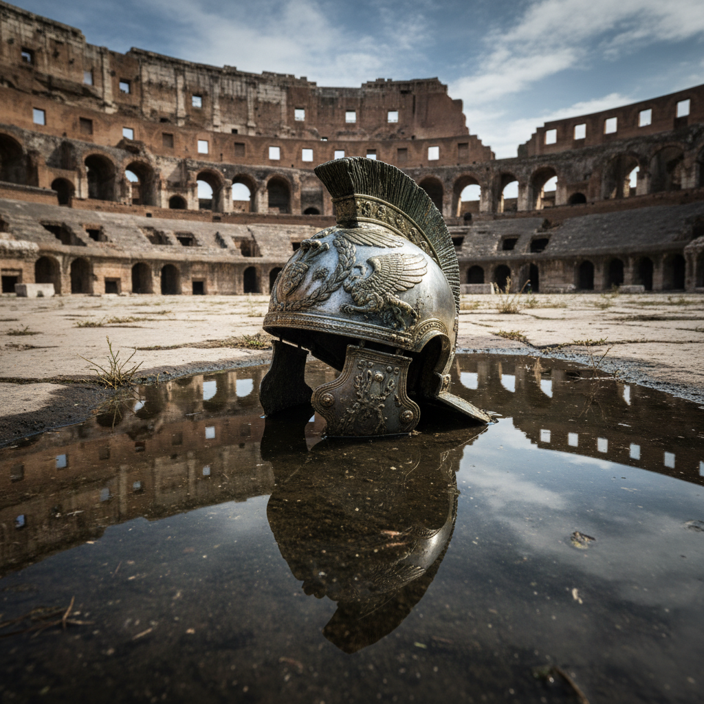 A single, ornate bronze Roman helmet lying half-submerged in a receding puddle of dark, silty water on the stone floor o