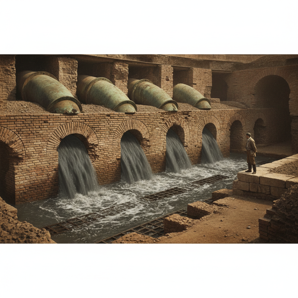 A cross-section of the Colosseum’s sub-structure, showing the massive lead pipes and brick-lined aqueducts surging with 