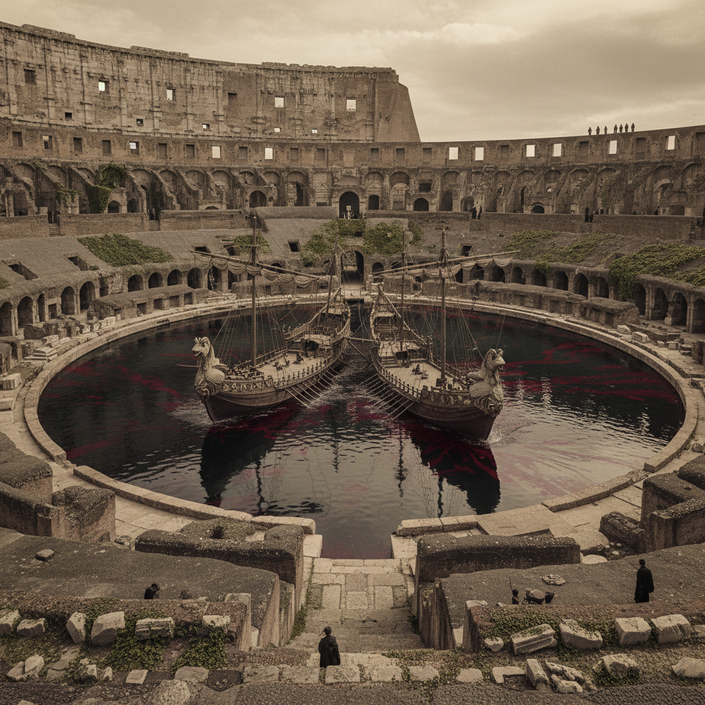 The interior of the Colosseum seen from a spectator’s eye-level, the arena floor now a dark, blood-streaked lake where t