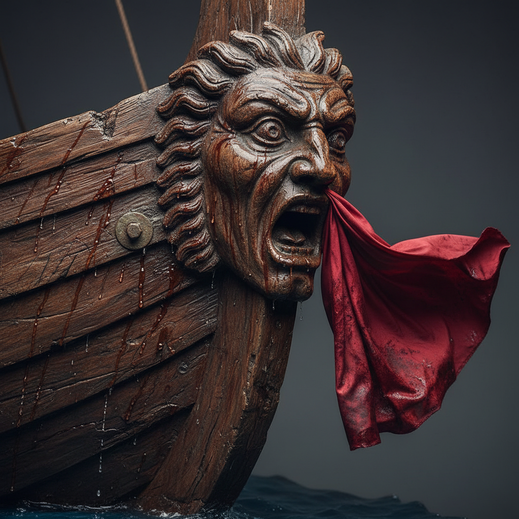 Close-up detail of a Roman trireme’s prow, carved into the shape of a screaming gorgon with wide, terrified eyes, the wo