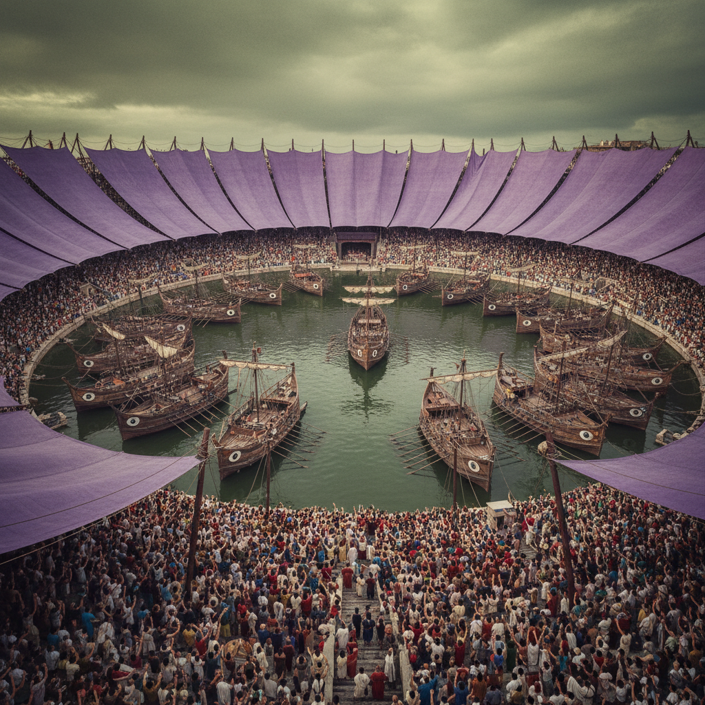 A wide aerial view of the Codeta basin in ancient Rome, the water a dark, bruised olive green, filled with massive woode