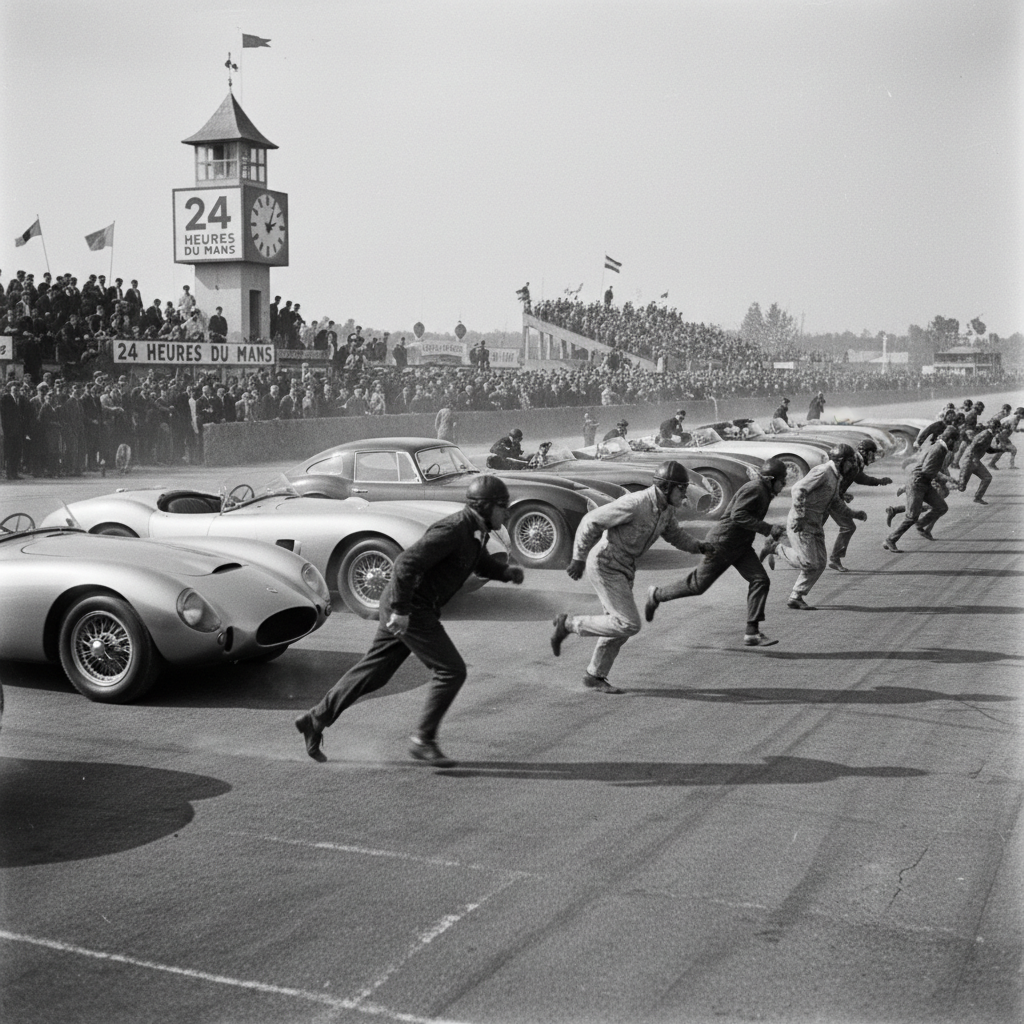 A wide shot of the Le Mans starting line, 1955, with drivers sprinting across the track toward their sleek, open-cockpit