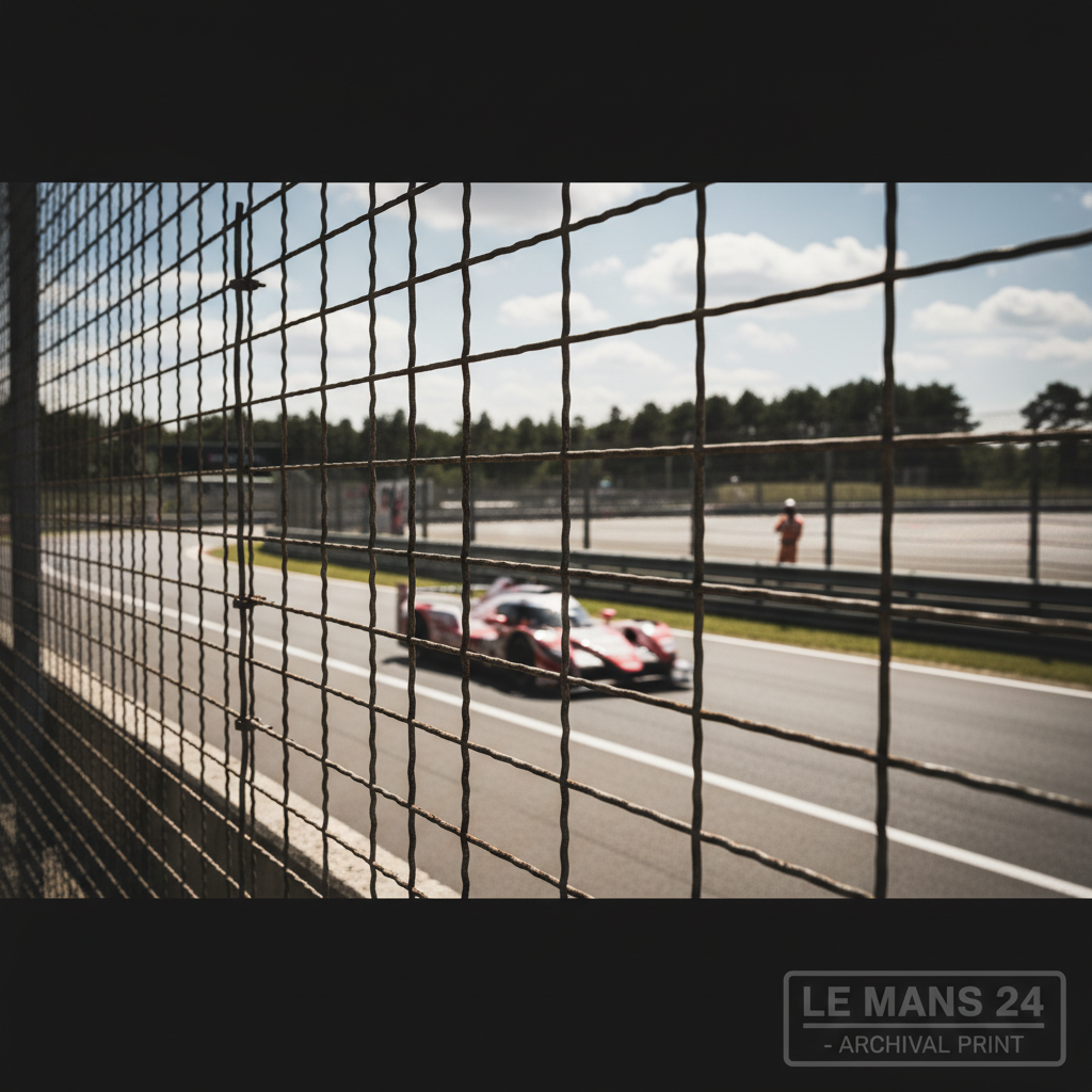 A stark, modern photograph of the Le Mans debris fencing, the heavy steel mesh creating a blurred grid between the viewe