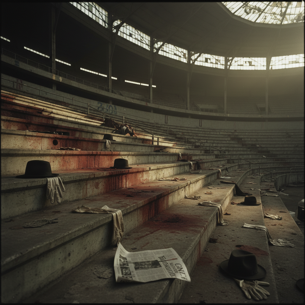 A haunting shot of the empty grandstands the morning after, with discarded hats and newspapers littering the blood-stain