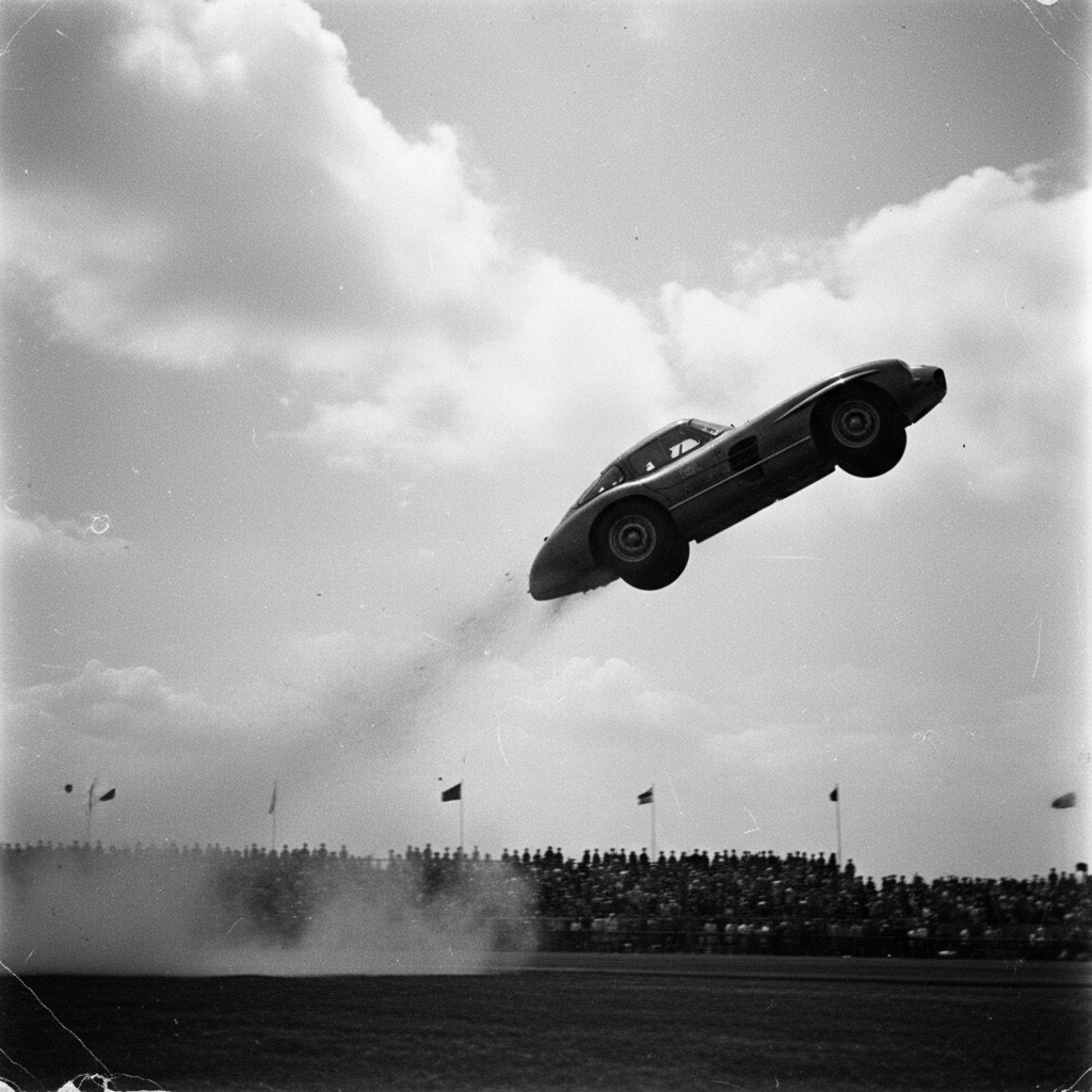 A grainy, black-and-white photograph of the Mercedes 300 SLR mid-air, a dark silhouette against the pale sky, just befor