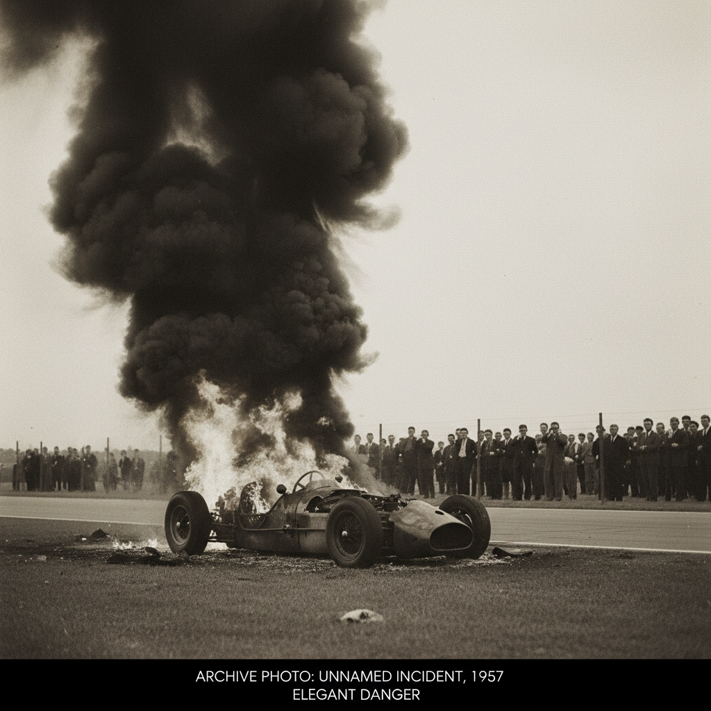 The burning wreckage of the Mercedes on the track side, a column of thick black smoke rising while spectators in the bac
