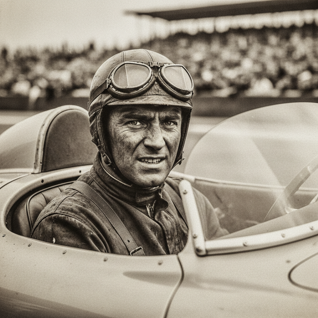 A close-up of Pierre Levegh in his Mercedes-Benz 300 SLR, his face grim and covered in oil soot, goggles pushed up onto 