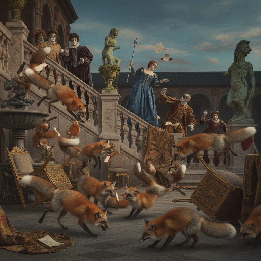 A scene of chaos in the palace courtyard, with several foxes in various stages of flight, their bodies twisted against t