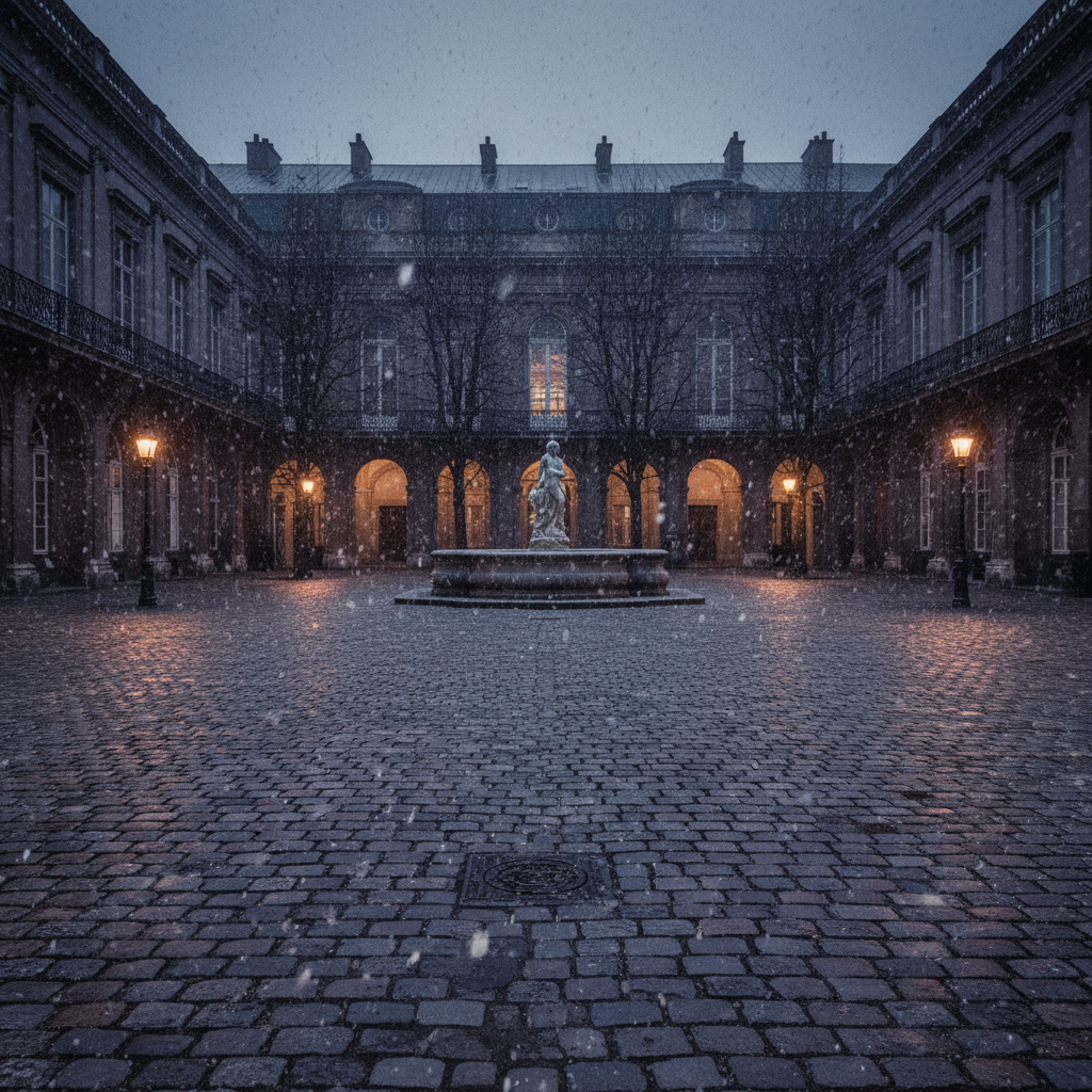 A wide shot of the empty courtyard at twilight, the snow beginning to fall again, covering the dark stains on the cobble