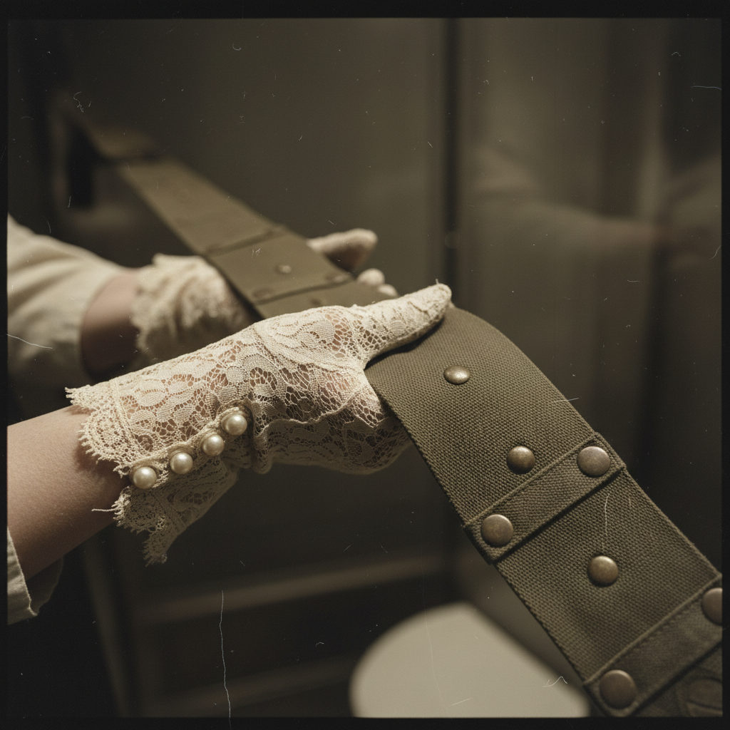 A close-up of a pair of hands in lace-trimmed gloves gripping the end of a long, narrow sling made of reinforced canvas.