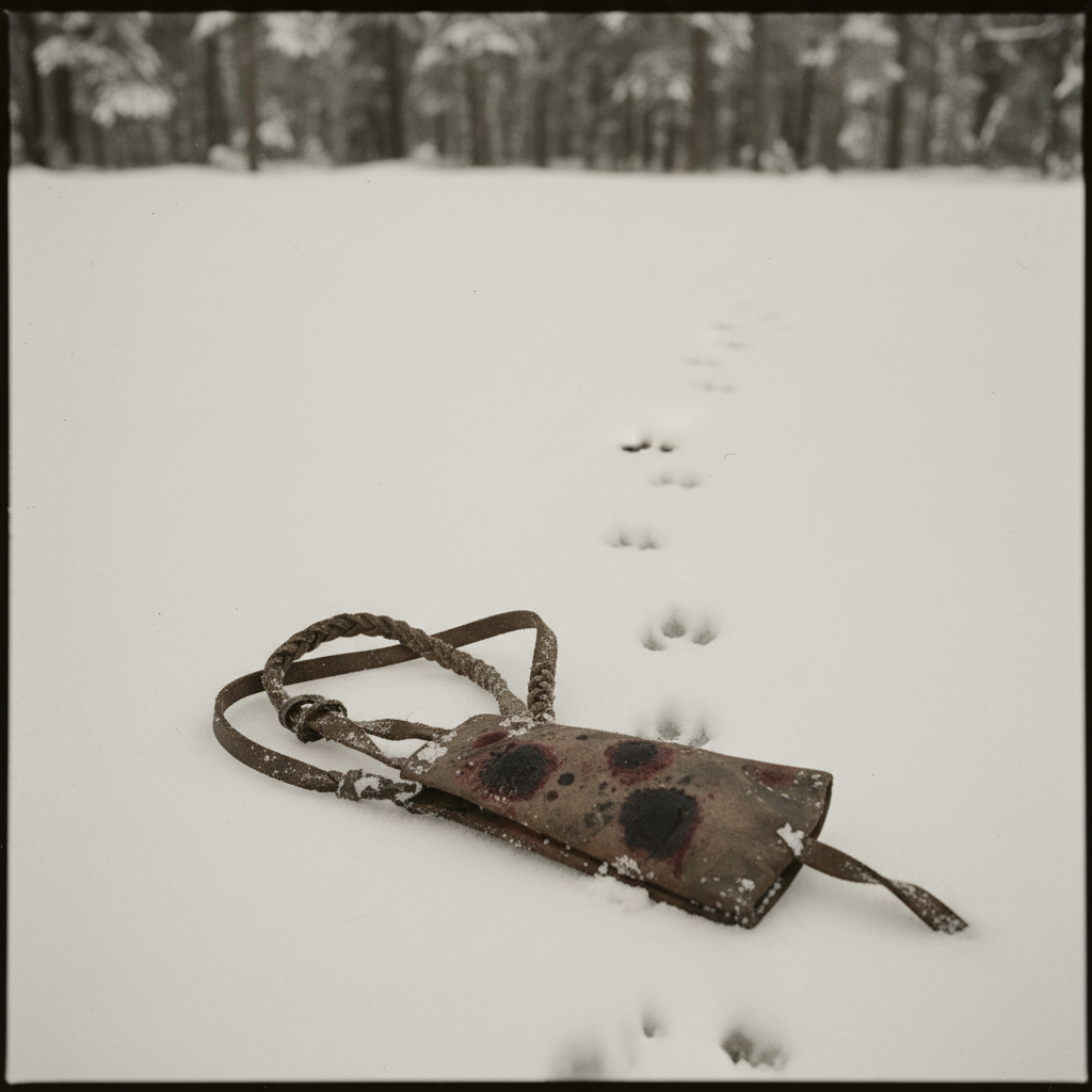 A discarded leather sling lying in the snow, stained with dark patches of blood, with a single fox track leading away fr