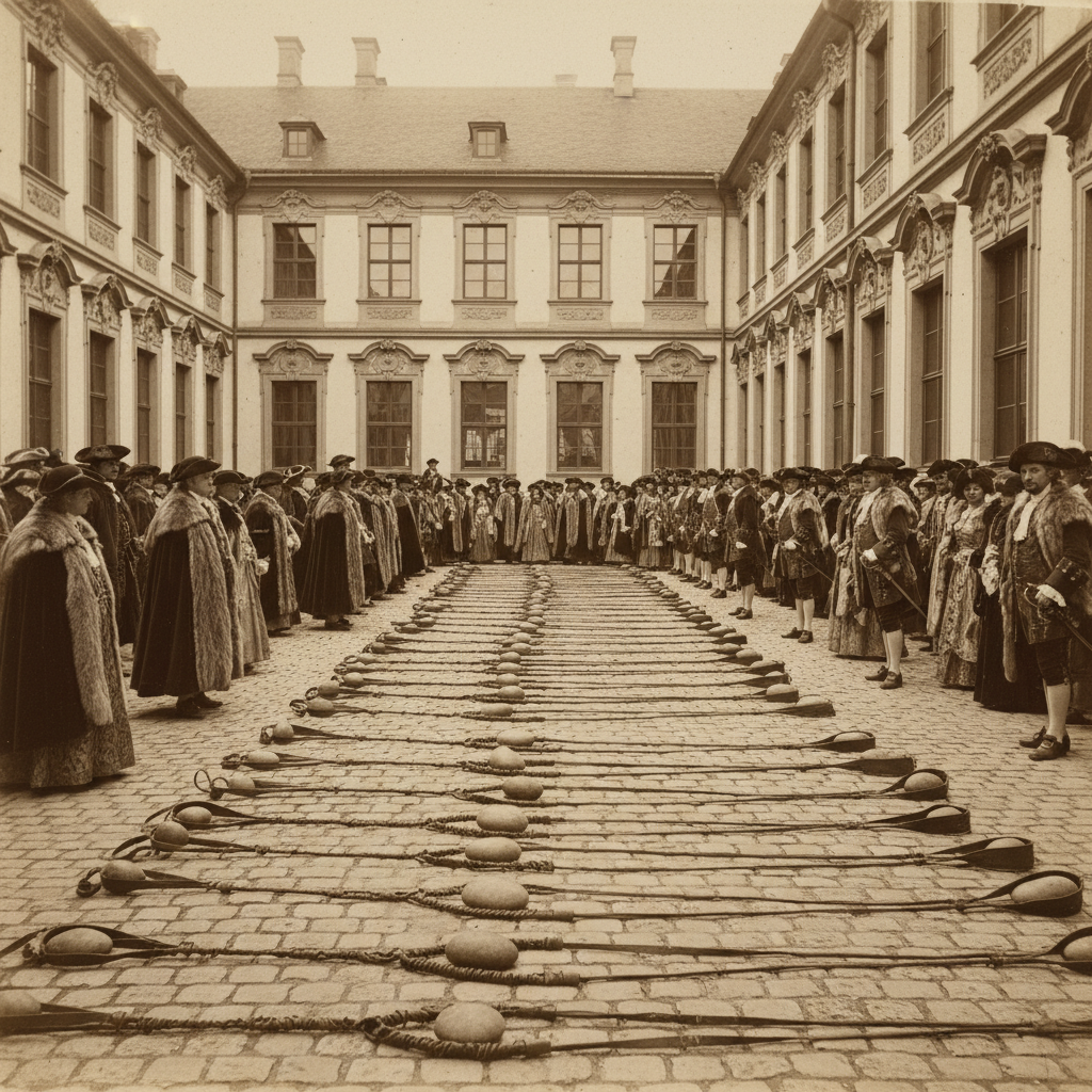 A wide-angle view of an 18th-century palace courtyard, lined with spectators in heavy furs and silk, with long slings la