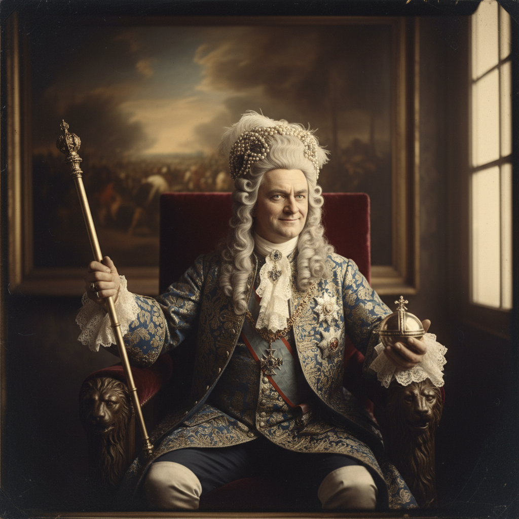 A portrait of Augustus the Strong, looking regal and powerful, with a hint of a cruel smile and a heavy, powdered wig.