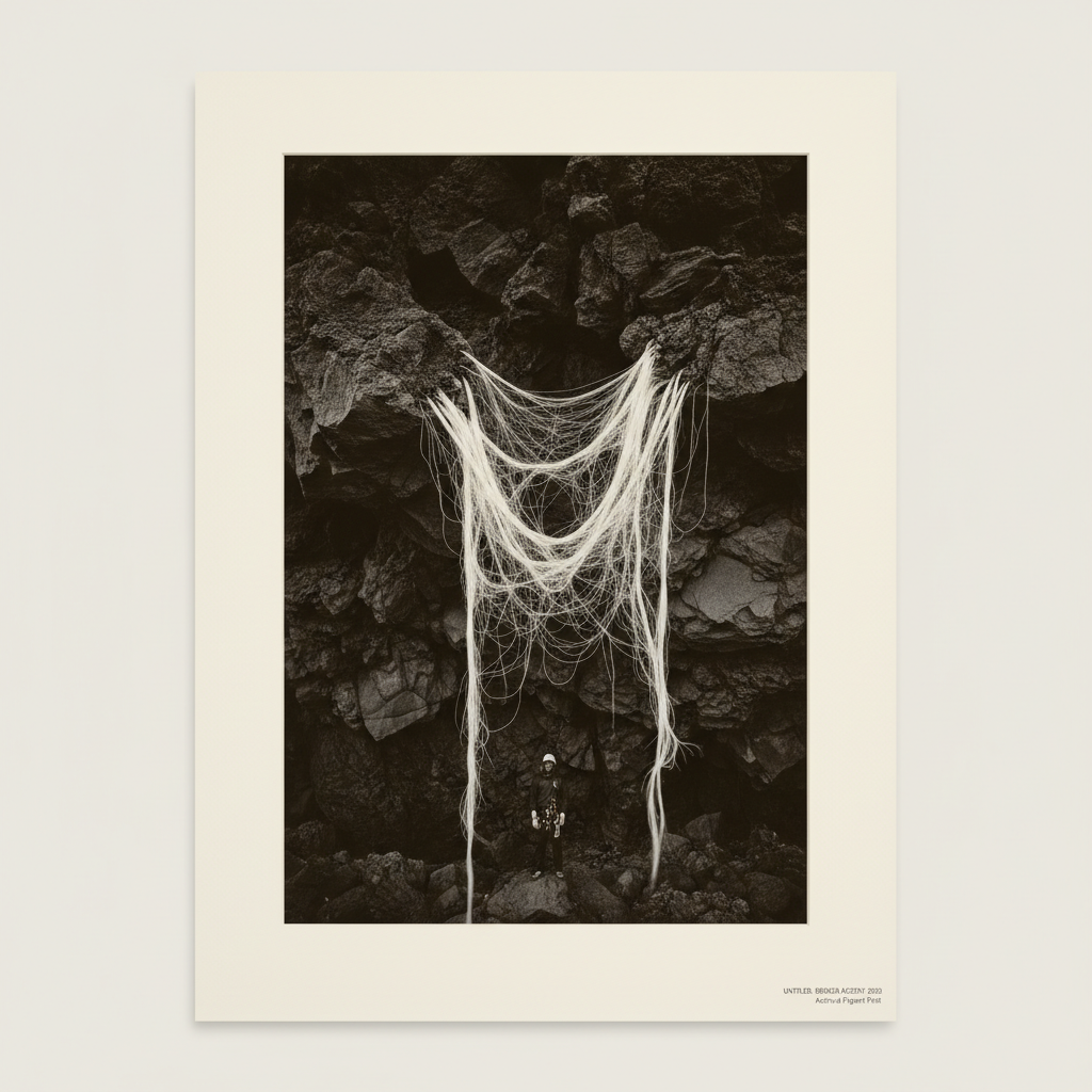 The frayed, white ends of a broken rope, the fibers splayed out like the hair of a ghost against a background of dark ro