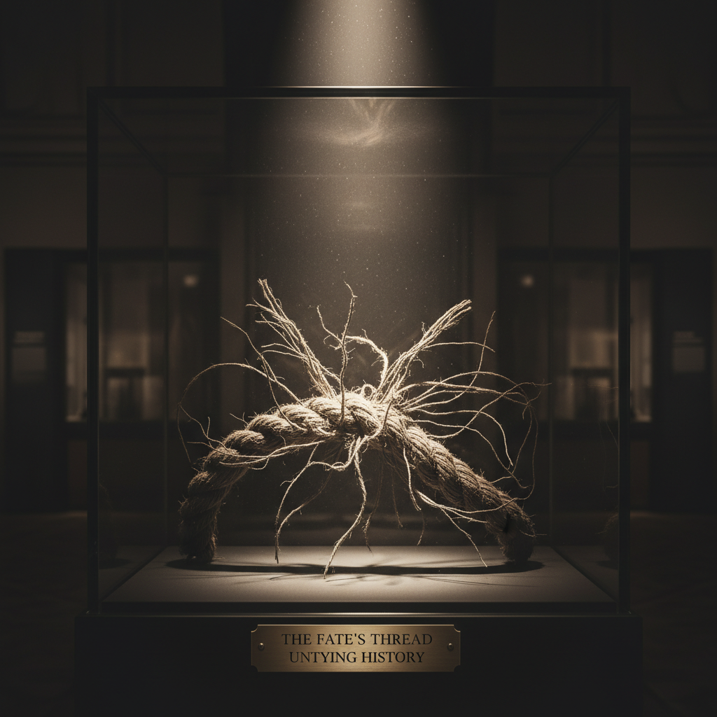 A close-up of the original 'broken rope' in its glass case, the frayed fibers illuminated by a single, sharp spotlight.