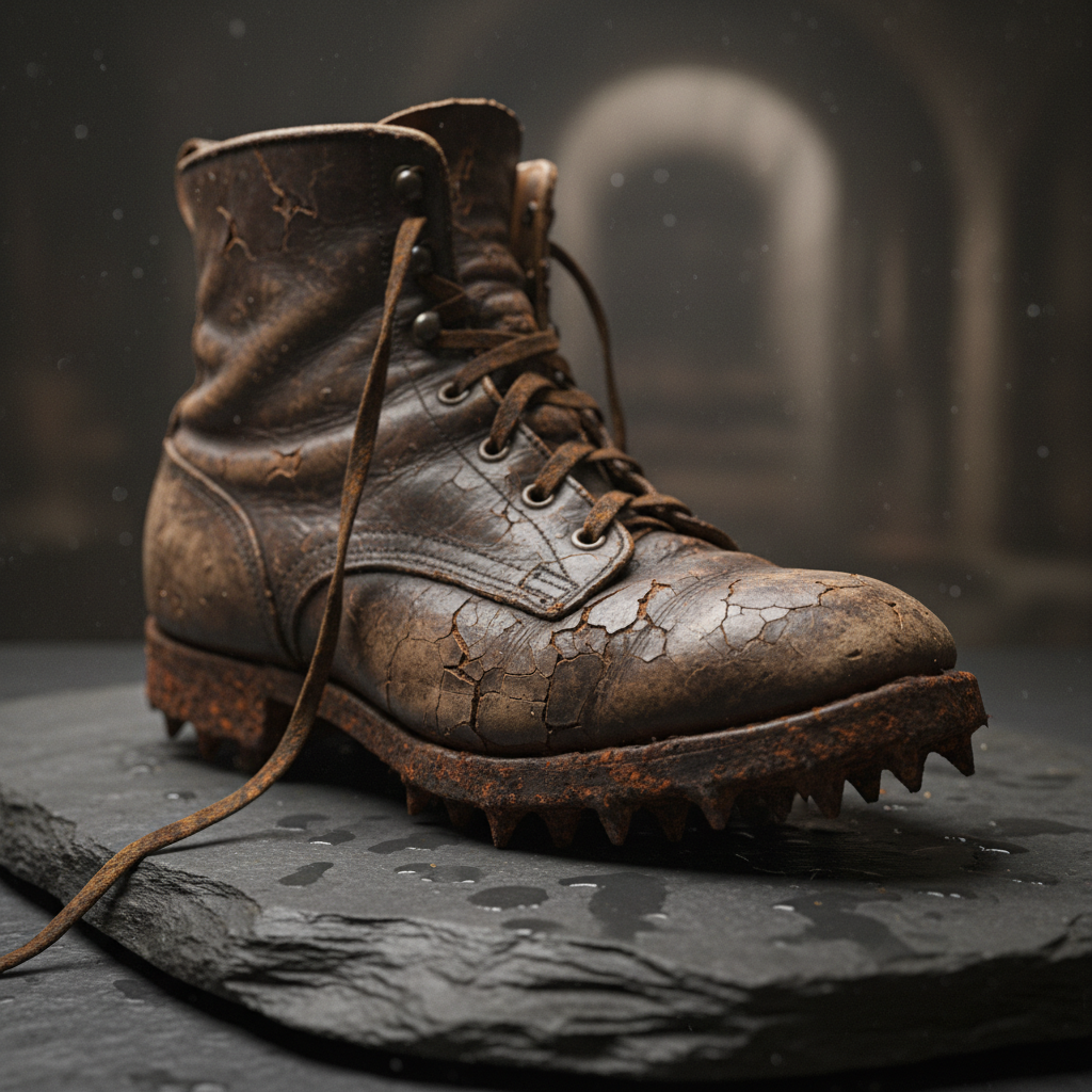 A close-up of a Victorian climbing boot, its leather cracked and its iron nails rusted, resting on a slab of dark, wet s