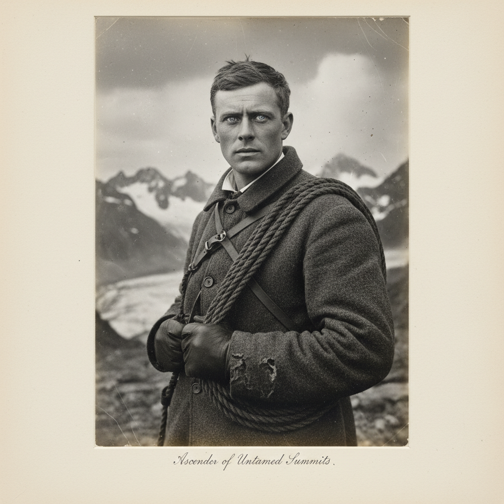 An early silver-print photograph of Edward Whymper, his eyes cold and fixed, wearing a heavy wool jacket and holding a c