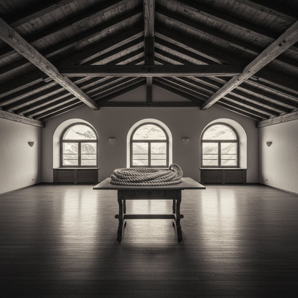 An empty, high-ceilinged room in a Zermatt hotel, a single wooden table in the center holding a length of coiled rope.