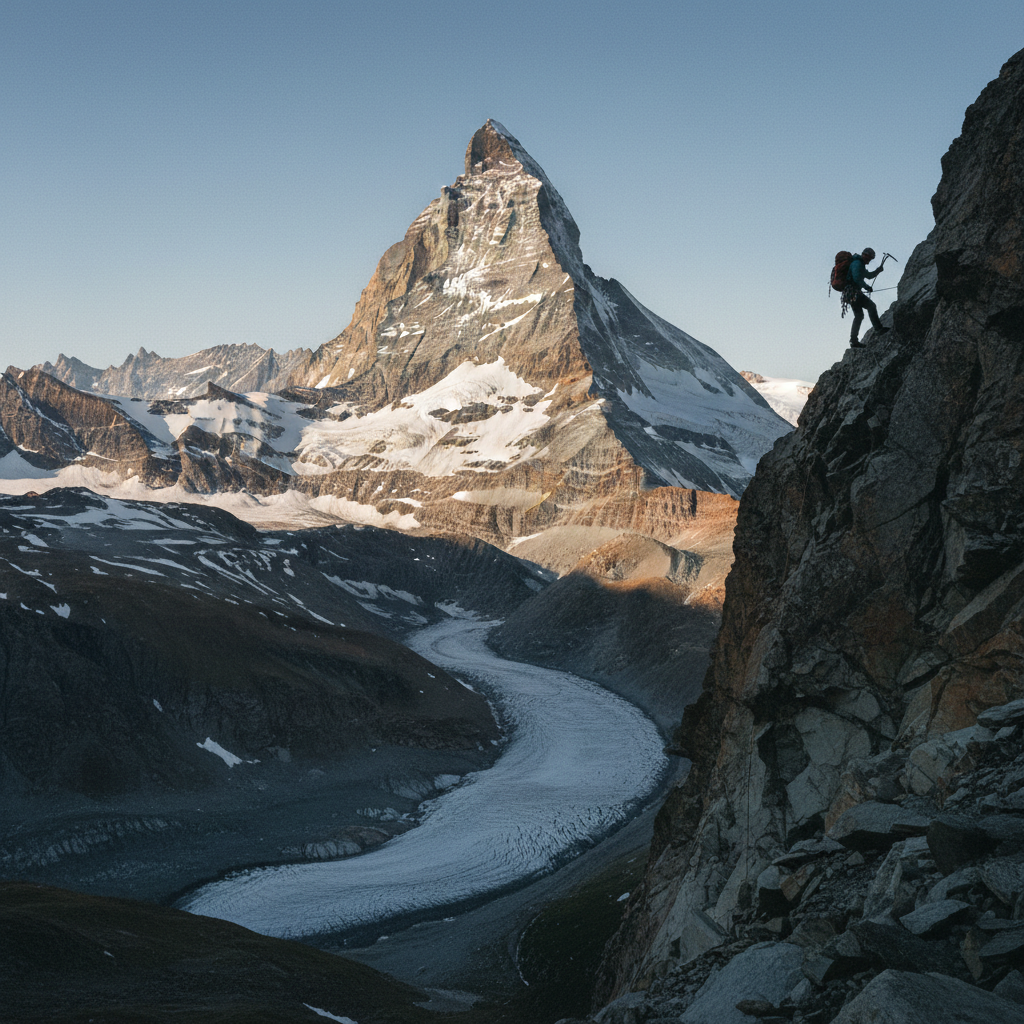 A sweeping, low-angle shot of the Matterhorn's North Face, the jagged rock edges catching the harsh afternoon sun.