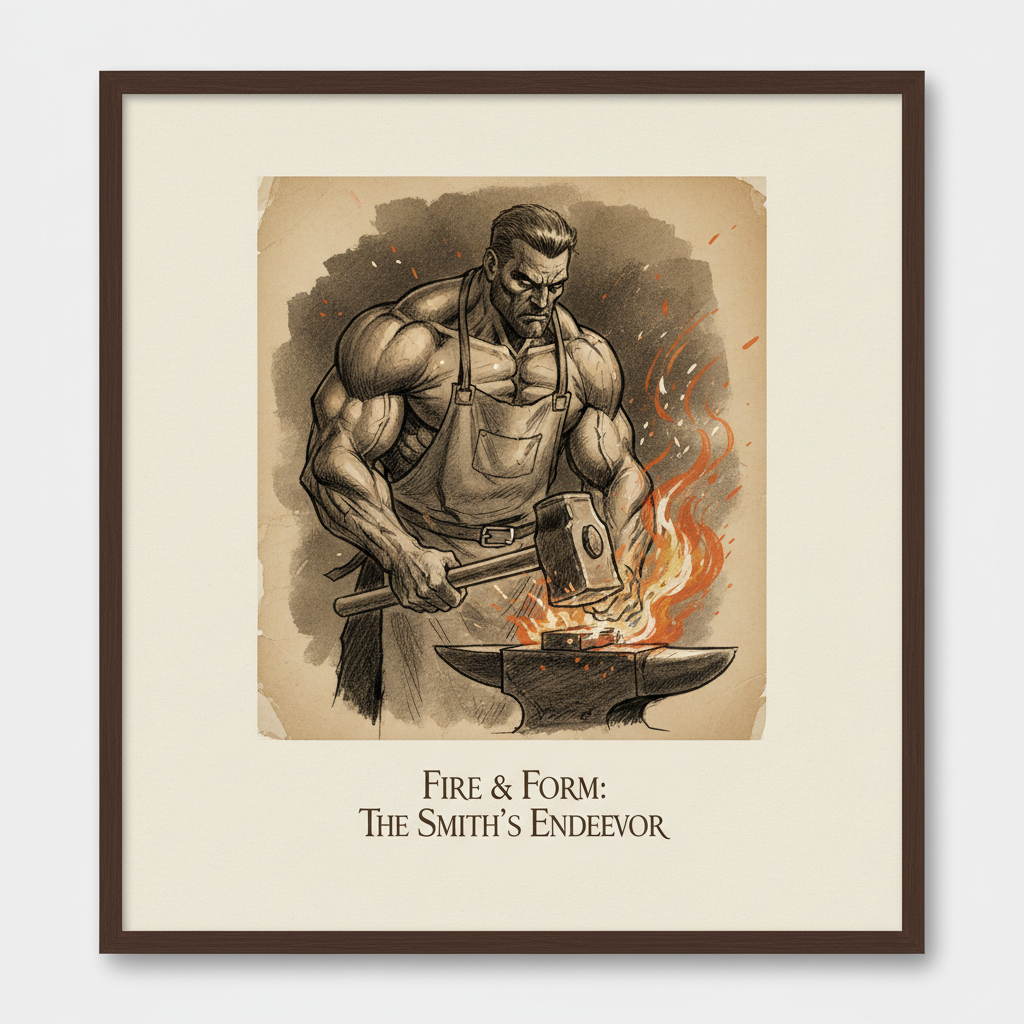 A stylized sketch of Erasmus "Trout" Shue at his anvil, sparks flying, his face partially obscured by shadow but his mus