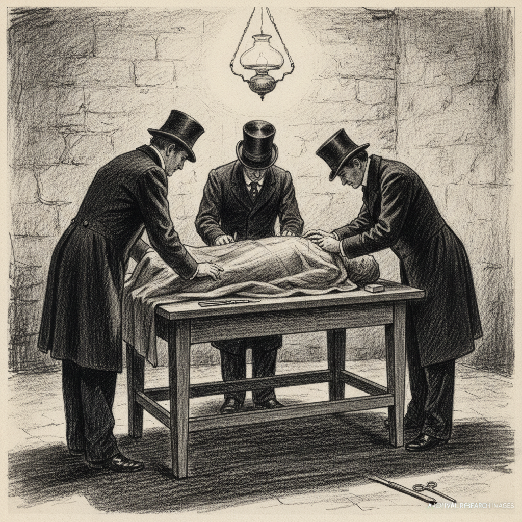A grim, charcoal sketch of a Victorian-era autopsy, with doctors in dark coats leaning over a table in a dimly lit room,