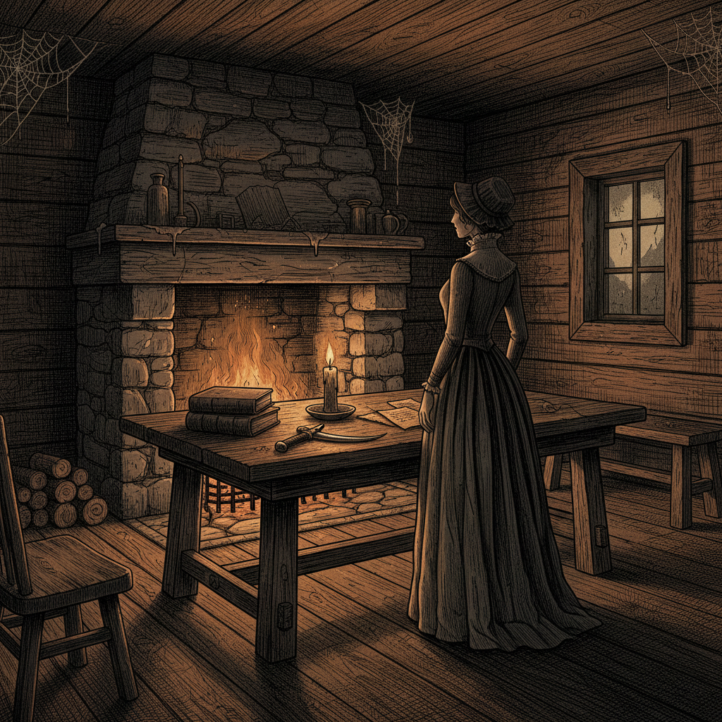 An illustration of a 19th-century cabin interior, illuminated only by a dying hearth, with a feminine silhouette standin