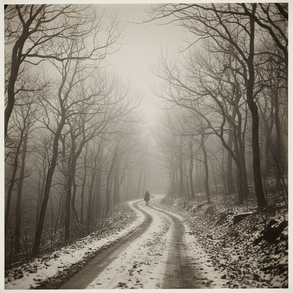 A sepia-toned photograph of a winding dirt road in the Appalachian Mountains, mist clinging to the skeletal trees in mid