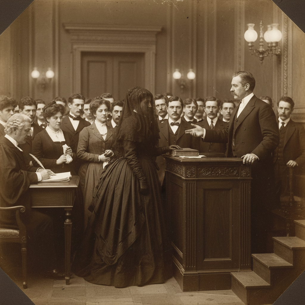 A courtroom scene from 1897, showing a woman in a black veil testifying from the witness stand, with a crowded gallery o