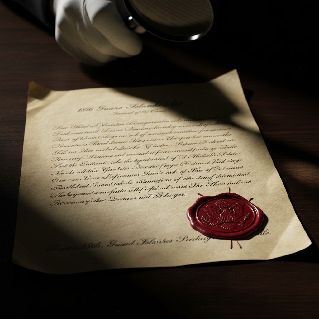 A high-contrast photograph of the original 1856 Guano Islands Act document, the heavy wax seal casting a long shadow acr