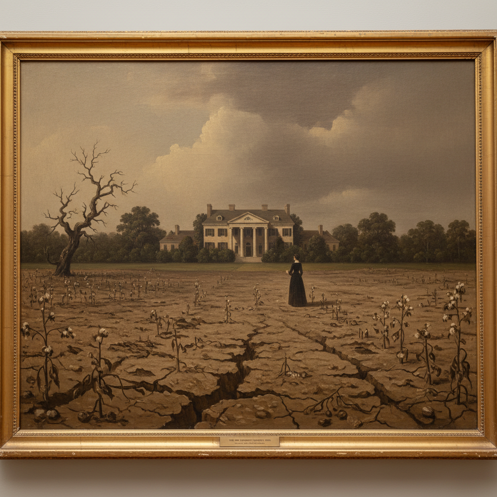 A lush 19th-century oil painting of a Virginia plantation, but the fields in the foreground are cracked and barren, show