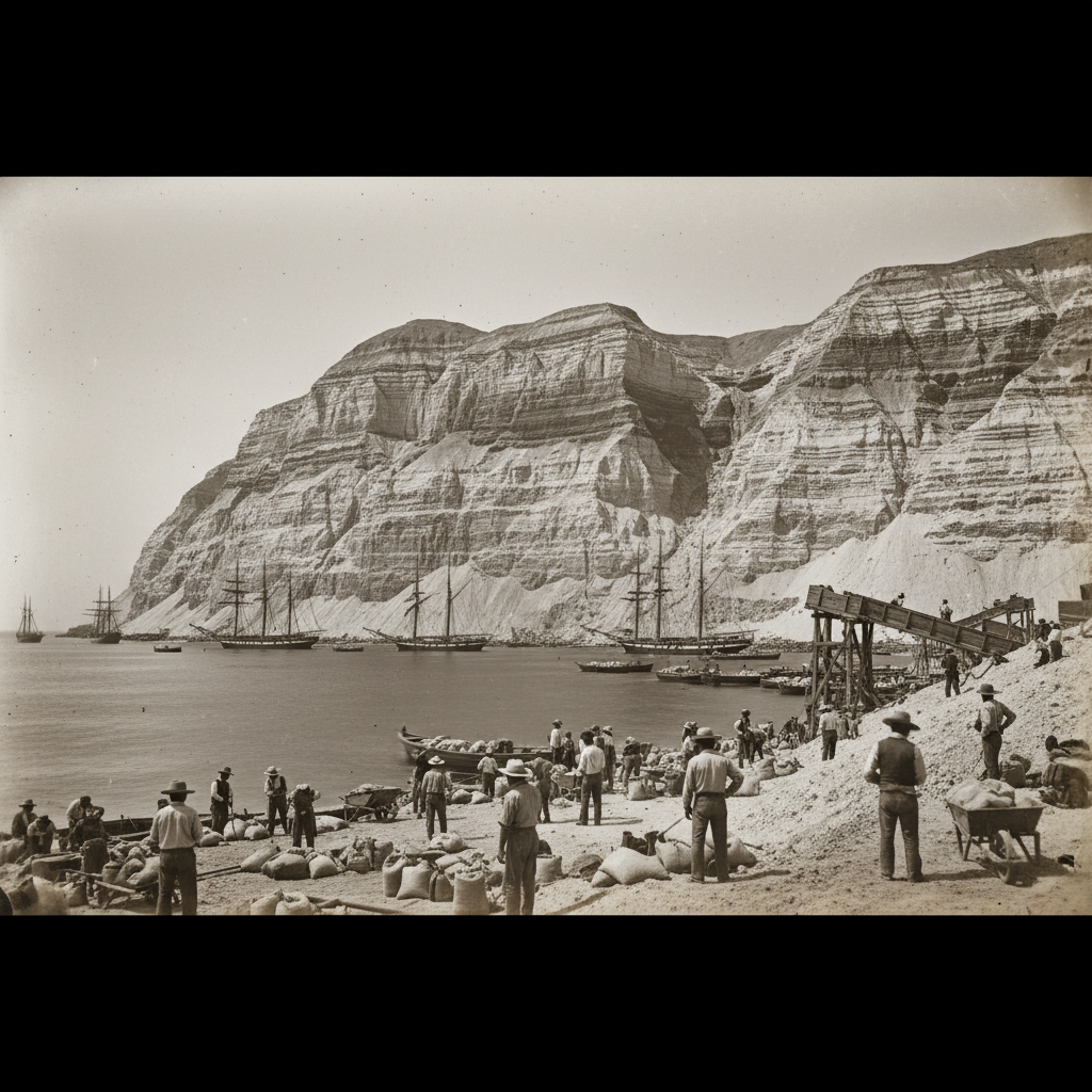A sprawling panoramic shot of the Chincha Islands in 1860, showing the massive, sheer cliffs of guano being carved away 