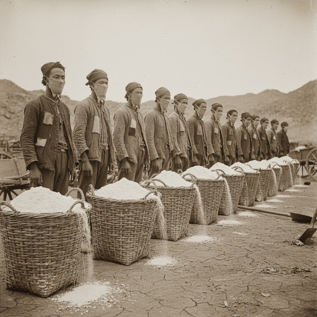 A 19th-century woodcut illustration of the "Guano Suicides," depicting several figures in mid-air falling from a jagged 