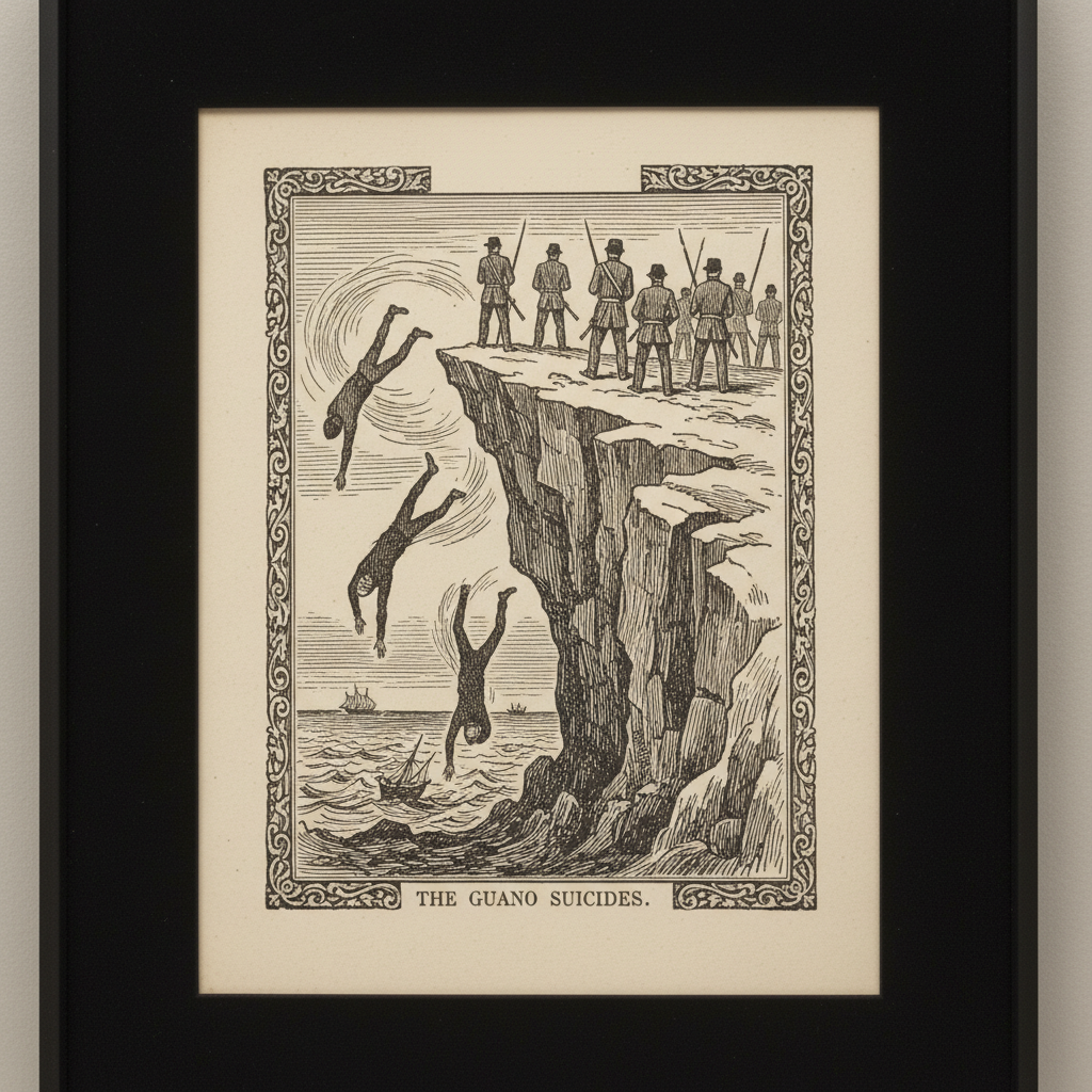 A stark, late-1890s photograph of a "spent" guano island; the ground is scarred and pitted, with rusted machinery and co