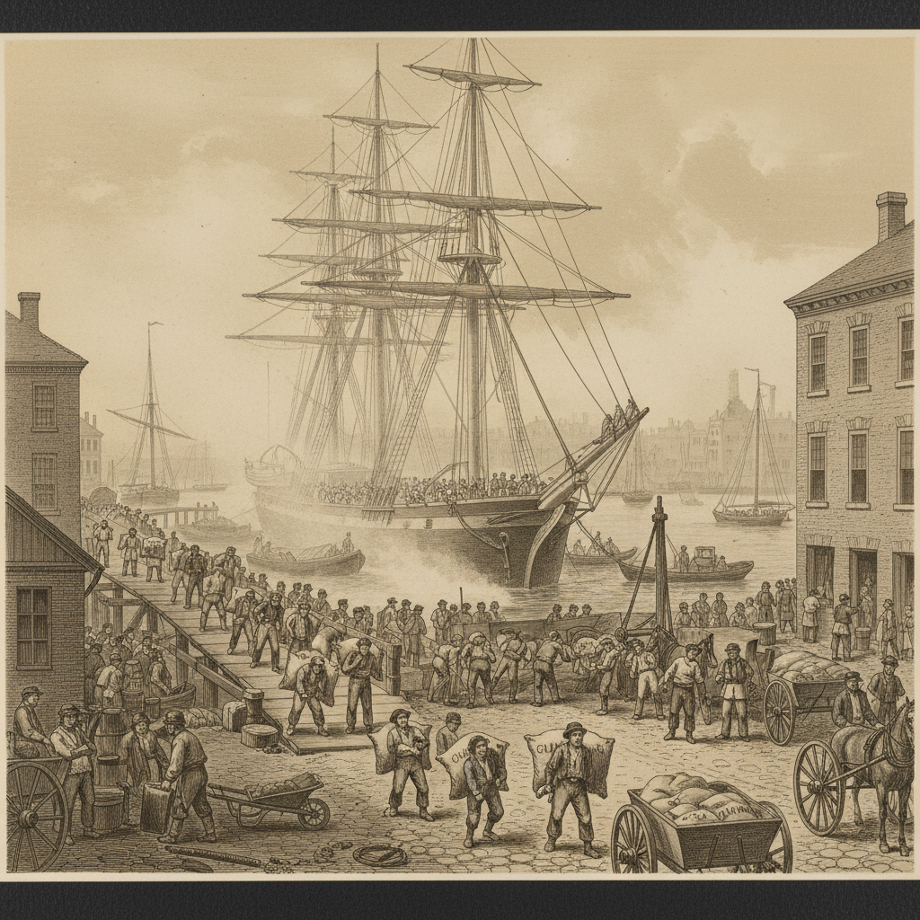 A vintage lithograph of a bustling 1850s port, with laborers unloading burlap sacks of guano from a clipper ship, surrou