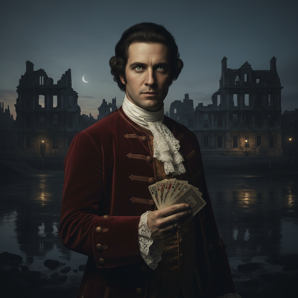 A shadowy portrait of John Law in a velvet coat, eyes sharp and predatory, holding a deck of cards against a backdrop of